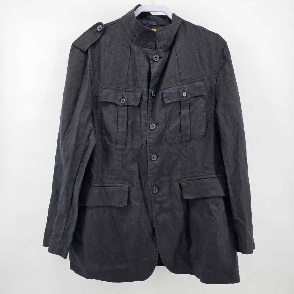 Inserch Field Jacket Mens Large Black 100% Linen Military Utility Epaulettes